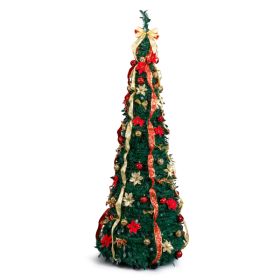 7 FT Fully Decorated Pre-lit Christmas Tree, Pop Up Artificial Xmas Tree With 200 Warm Lights Remote Control And Red & Golden Ornaments For Home Offic
