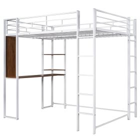 Full Size Metal Loft Bed With Desk, 2 Shelves, White - LP000191AAK
