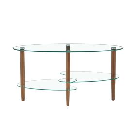 Transparent Oval Glass Coffee Table Modern Table Wood Leg Tea Table 3-layer