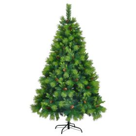 6FT Grass Green Christmas Tree, Large Branches Pine Tree, Pre-Lit Set With Tree & Garland & Wreath, Artificial Christmas With Pine Cones, Hinged Xmas