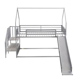 Twin Over Twin Metal Bunk Bed House Bed With Slide And Staircase, Silver
