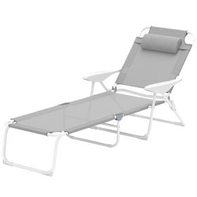 Folding Chaise Lounge, Outdoor Sun Tanning Chair, 4-Position Reclining Back, Armrests, Removable Pillow, Light Gray