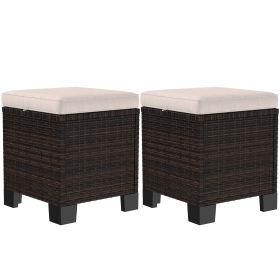 2 Piece Wicker Outdoor Ottomans With Cushions, Rattan Ottoman Footrest And Side Table For Patio, Yard, Poolside, Cream