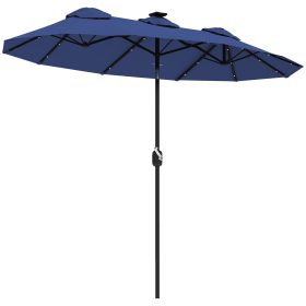 Double-sided Patio Umbrella, 9.7 Outdoor Umbrella With Tilt And Crank, LED Solar Light And 12 Ribs, Navy Blue