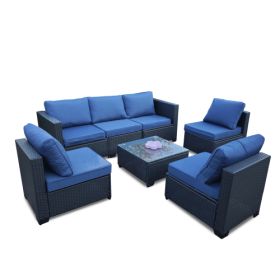 Seven-Piece Sofa Set Table With Sofa Chair Black PE Rattan Outdoor Furniture 7-JH001 Box 3-1-2-3 With Blue Color Cushion