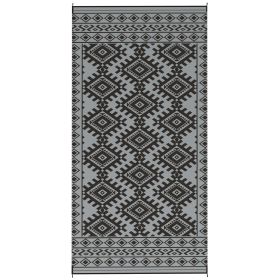 Reversible Outdoor Rug, Waterproof Plastic Straw With Carry Bag, 9 X 18, Black & Gray Rhombus Border