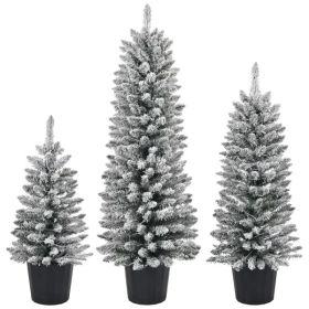 Set Of 3 Pre-lit Xmas Trees With Pot Stands,  Snow Flocked Artificial Christmas Trees WithWarm Lights Battery Operated And Branch Tips For Holiday Par