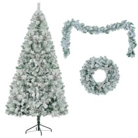 6FT Snow Flocked Christmas Tree, Pre-Lit Set With Tree & Garland & Wreath, Artificial Hinged Xmas Tree With Colorful LED Lights, 8 Lighting Modes, Pin