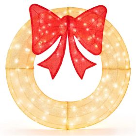 Pre-Lit Christmas Wreath - 200 LED Lights Warm White Red, Large Bow IP44 Weatherproof For Indoor Outdoor