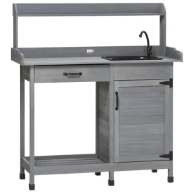 Gray Outdoor Potting Bench With Sink And Faucet ,Hooks,Storage Cabinet