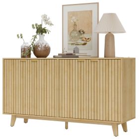 Fluted Sideboard Buffet Cabinet, 55 Coffee Bar Cabinet With 4 Doors, 2 Adjustable Shelves, 5 Wood Legs, Oak