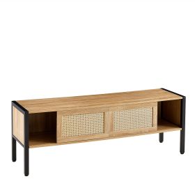 Rattan TV Cabinet Double Sliding Doors TV Console TV Stand For Living Room