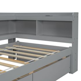 Twin Size L-shaped Bookcases Bed with Power Outlets, USB Charging Ports,Two Drawers,Grey