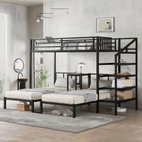 Twin over Twin & Twin Bunk Beds for 3, Twin XL over Twin & Twin Bunk Bed Metal Triple Bunk Bed with Desk & Shelves, Space Saving/Noise Reduction