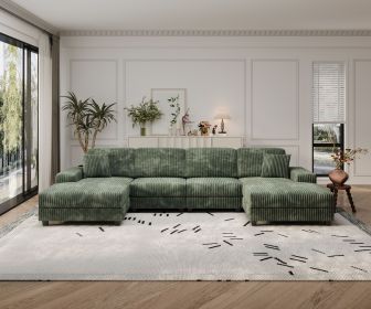Convertible U-shaped Combination Sofa, Corduroy Fabric, Modern Comfortable Large Size 4 Seat Sofa, Living Room Double Lounge Chair ,Green
