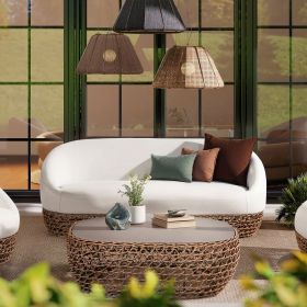 Willow 71" Upholstered Woven Patio Deep Seating Sofa, Golden Brown Wicker Frame, Wheat Beige
