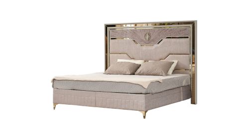 Omari Modern Style Queen Upholstered Bed Made with Wood and Gold Accents in Beige