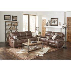 Achern Brown Leather-Air Nailhead Manual Reclining Sofa and Loveseat with Storage Console and USB Port
