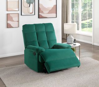 Reclining Chair Green Velvet Upholstery Square Tufted Back Pillowtop Arms Solid Wood Furniture Modern Living Room Recliner 1pc