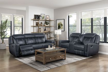 Modern Living Room Furniture 2pc Reclining Sofa Set Blue Breathable Faux Leather Upholstery Reclining Sofa Loveseat with Cup Holders, Power outle