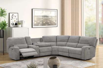 Anthony 114" Wide Light Gray Chenille Fabric Power Reclining Sectional with Power Headrest, Charging Ports, Storage, and Cupholders