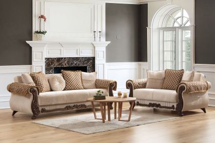 Traditional Style 2Pc living room set Made With Chenille Upholstery & wood in Beige Color