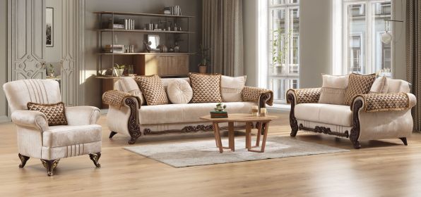 Traditional Style 3 Pc living room set Made With Chenille Upholstery & wood in Beige Color