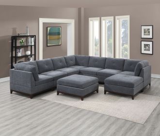 Ash Grey Chenille Fabric Modular Sectional 9pc Set Living Room Furniture Corner Sectional Couch 3x Corner Wedge 4x Armless Chairs and 2x Ottomans