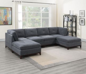 Ash Grey Chenille Fabric Modular Sectional 6pc Set Living Room Furniture U-Sectional Couch 2x Corner Wedge 2x Armless Chairs and 2x Ottomans Tuft