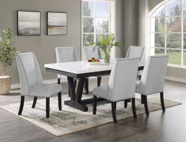 7pc Dining Set Contemporary Style White Faux Marble Rectangular Table Top Dove Gray Upholstery Chairs Nailhead Tufted Black Finish Wooden Solid W