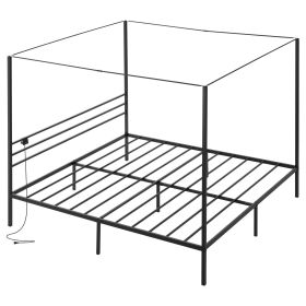 VEVOR King Size Metal Canopy Bed Frame with Charging Station and Four Posters