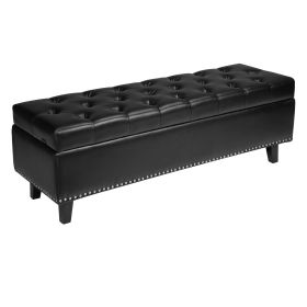 Button-Tufted Storage Ottoman Bench PU Leather Bench with Wood Legs Black