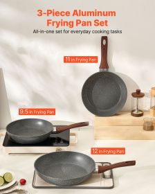 3 Piece Frying Pan Aluminum Skillet Set 9.5 11 12 In Nonstick Pre-Seasoned Grey