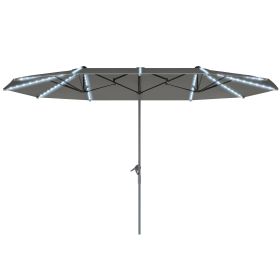 15ft Double-Sided Outdoor Umbrella With Solar Lights, Extra Large Aluminum Patio Umbrella With Crank, Dark Gray