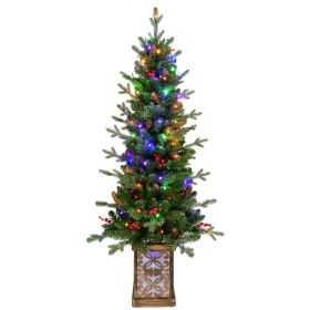 4ft Pre-lit Potted Porch Christmas Tree, Small Slim Christmas Tree With Multicolor Lights, Twinkle Potted Xmas Tree With Mixed PE, Metal Glint Basin,