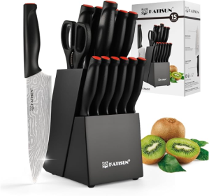 Damascus Pattern 15-Piece Kitchen Knife Set With Block, High Carbon Steel Chef Knife, Includes Sharpener And Scissors, Ergonomic Black Anti-Slip Handl