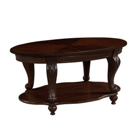 42'' Oval Wood Coffee Table For Living Room, 2-Tier Solid Wood Cocktail Table With Open Storage Shel
