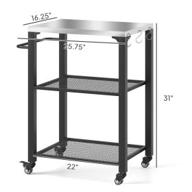 3-Shelf Outdoor Grill Cart With Stainless Steel Tabletop, Movable Pizza Oven Table With Hooks, Side Handle, Wheels