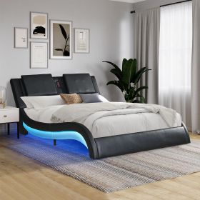 Faux Leather Upholstered Platform Bed Frame with led lighting; Bluetooth connection to play music  RGB control; Backrest vibration massage; Curve (Color: Black)