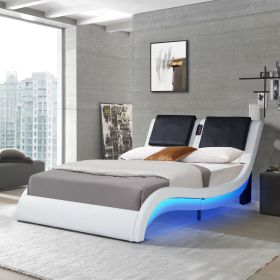Faux Leather Upholstered Platform Bed Frame with led lighting; Bluetooth connection to play music  RGB control; Backrest vibration massage; Curve (Color: White)