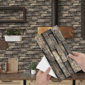 12 Pcs Retro Brown Stone Brick Marble Effect Peel And Stick Wallpaper,Water resistant (PCS: 24FG-L001)