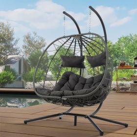 2 Persons Egg Chair with Stand Indoor Outdoor Swing Chair Patio Wicker Hanging Egg Chair Hanging Basket Chair with Stand for Bedroom Living Room (Main Color: Grey, Main Material: Steel)